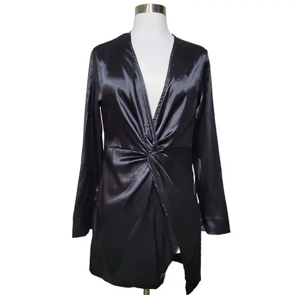 Satin Black Faux Wrap Front Plunge Mini Dress V Neck Twist Size Medium - Picture 2 of 8